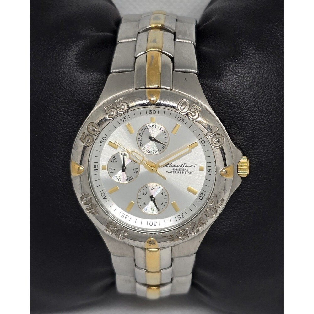 Men's Eddie Bauer Textured 3 Eye Silver Gold Two Tone Case Bracelet Watch 11 - Picture 4 of 8